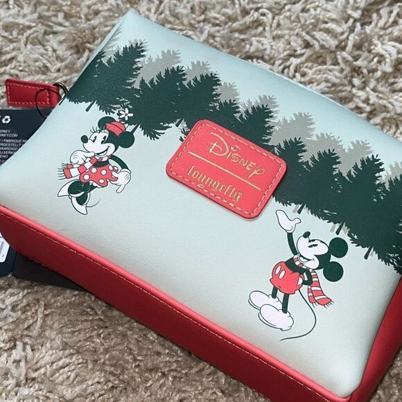 NWT Loungefly Mickey Minnie Cosmetic Bag Winter Holiday Christmas Tree Pickup Tr - Picture 13 of 14